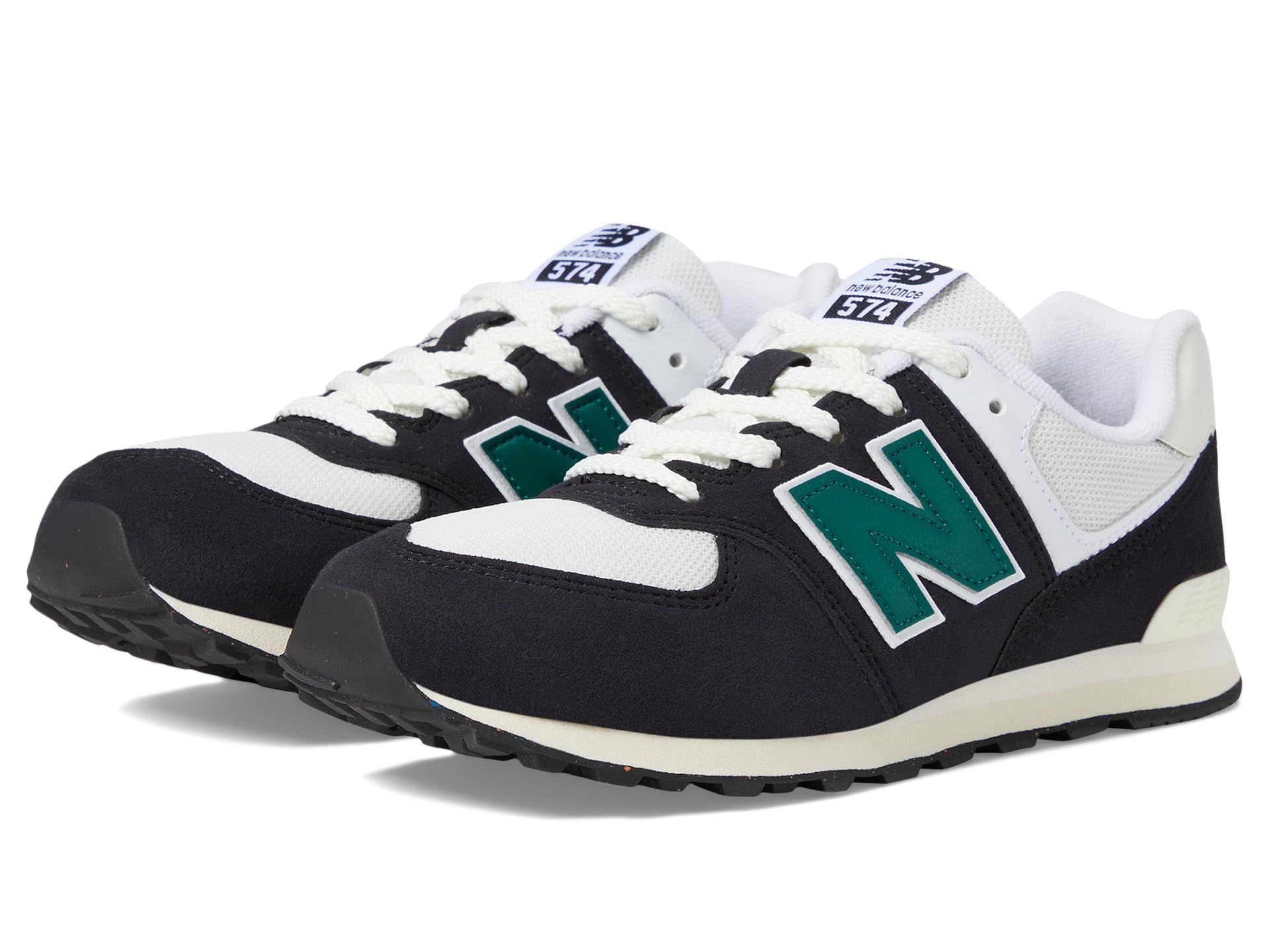New Balance 574 V1 Varsity Suede Lace-up Sneaker, Black/Marsh Green, 4.5 Wide US Unisex Big_Kid Image