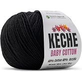 Keche Baby Cotton, 60% Cotton 40% Acrylic Yarn, Soft Cotton Yarn for Crochet and Knitting, Amigurumi Yarn 1 Skein/Ball 1.76 Oz (50g) / 180 Yrds (165m) - Black