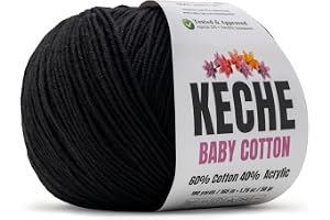 Keche Baby Cotton, 60% Cotton 40% Acrylic Yarn, Soft Cotton Yarn for Crochet and Knitting, Amigurumi Yarn 1 Skein/Ball 1.76 Oz (50g) / 180 Yrds (165m) - Black