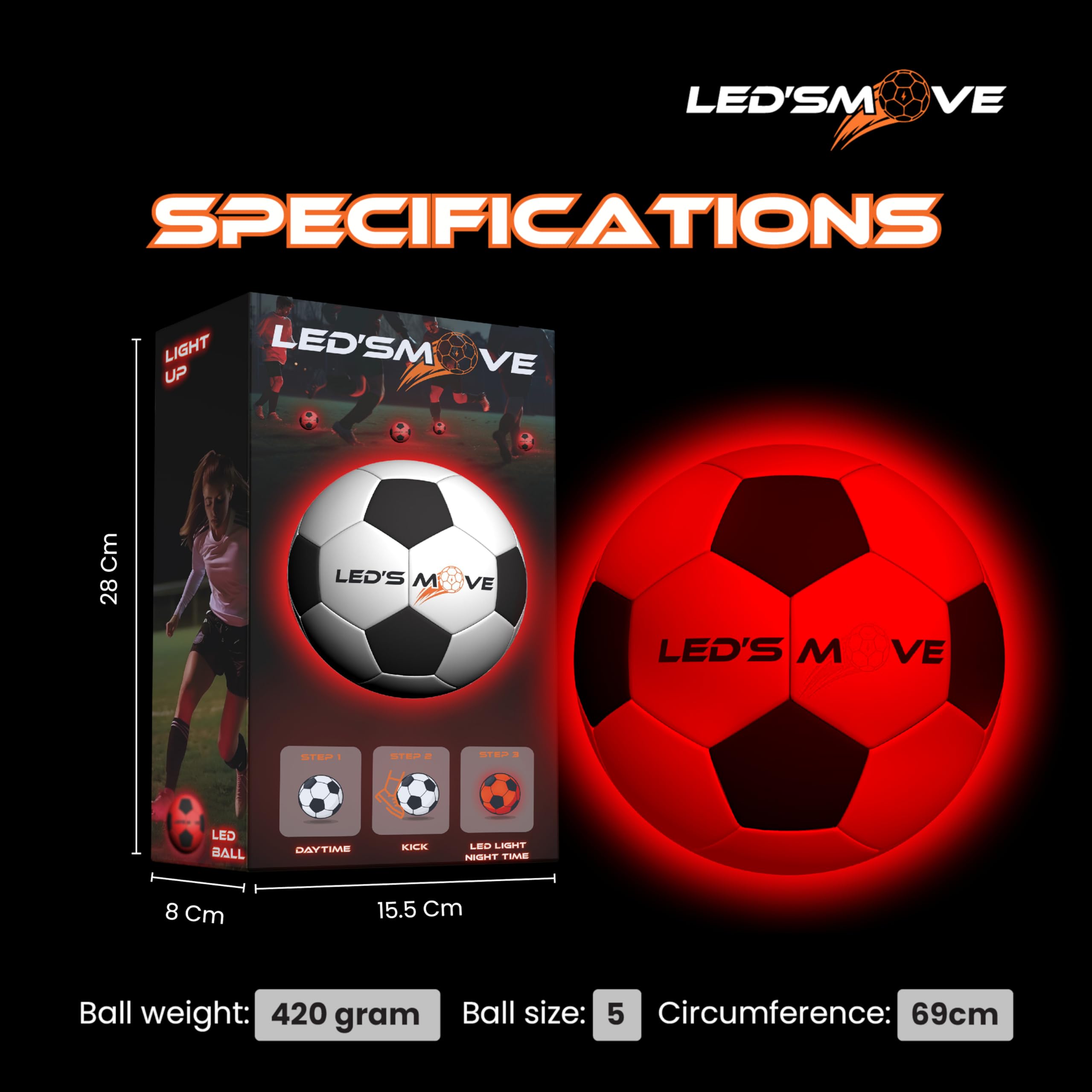 LED'S MOVE LS2 Leuchtfußball | Leuchtball mit Licht Größe 5 - Geeignet für Champions League Fußball Football Fans Liebhaber Geburtstagsgeschenk Fussball Football | LED-Fußball | LED Soccer Ball 3