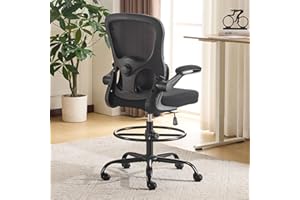 Karl home Drafting Chair, Tall Office Chair with Flip-up Armrests, Breathable Mesh, Ergonomic Lumbar Suppor, Adjustable Foot Ring for Home or Drawing Use, Black