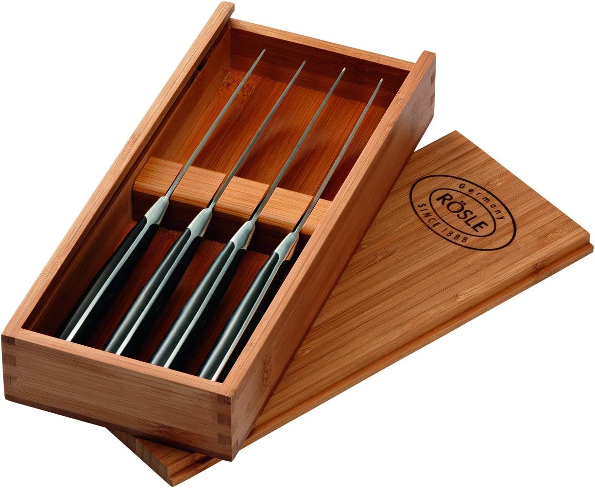 RÖSLE Steakmesser-Set 4-tlg., Hochwertige Steakmesser mit scharf geschliffener Klinge aus Klingenspezialstahl, POM, inkl. praktischer Holzbox