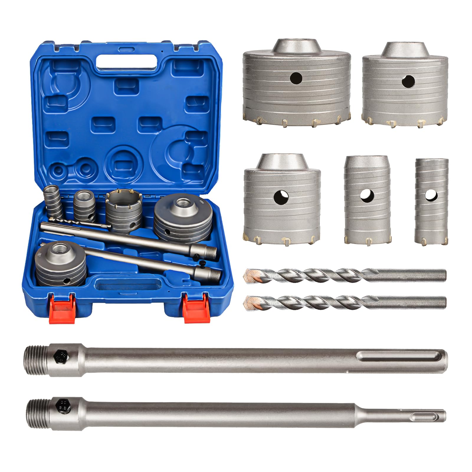 Photo 1 of 9Pcs Masonry Concrete Hole Saw Kit (30 40 65 80 100 mm), 300 mm Tungsten Carbide SDS Plus and SDS Max Bit Shank, Hole Saw Set for Concrete Brick Stone Cement Tile