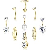 ORAZIO Gold Belly Button Ring - Hypoallergenic Surgical Stainless Steel Belly Rings for Women 14G CZ Opal Clicker Floating Belly Button Piercing Jewelry Pack Cute Dainty Navel Piercing Jewelry 9 Pcs