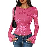 ZESICA Womens Bell Long Sleeve Going Out Tops 2026 Spring Trendy Mesh Floral Fitted Shirts Cute Date Y2k Top Outfits