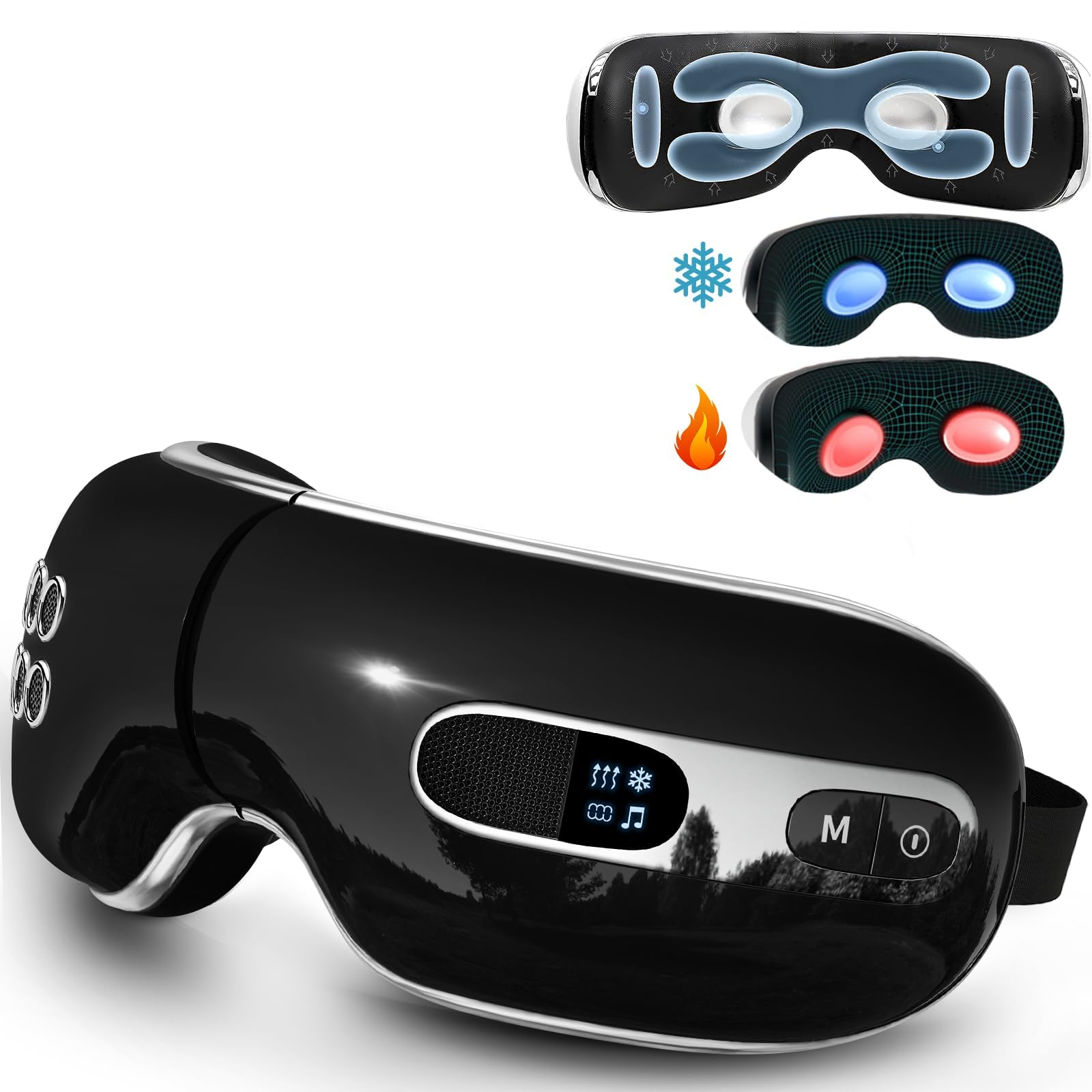 Fmlave Eye Massager with Heat and Cooling for Migraines, Dry Eyes, Dark Circles, Rechargeable Bluetooth Music Heated Eye Mask Massager Improve Sleeping - Great Gifts for Woman and Man (Black)