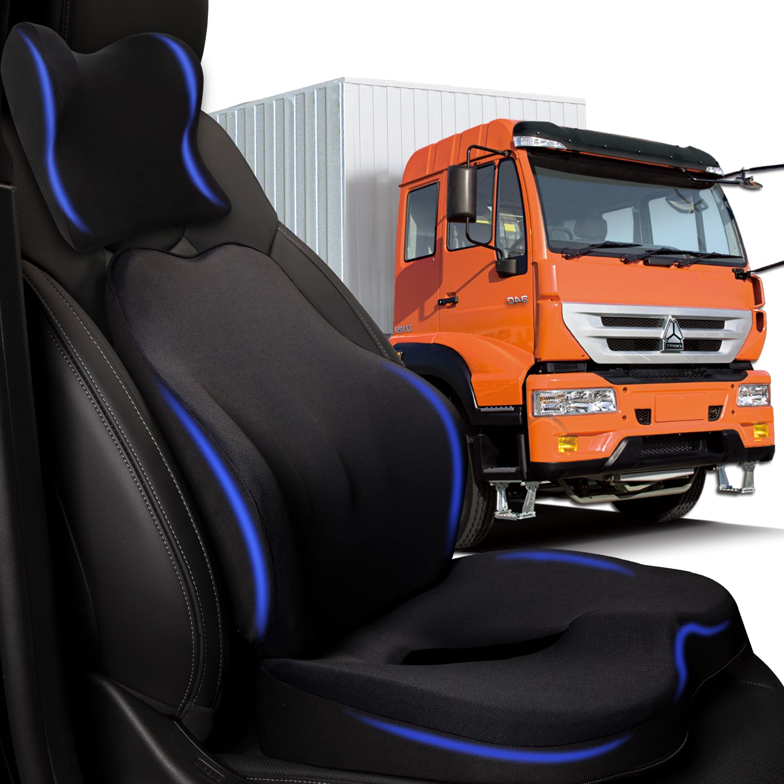 Photo 1 of MINUPWELL Truck Seat Cushion, 3PC 100% Memory Foam Seat Cushion for Truck Driver, with Back Support, Semi Truck Accessories for Men Seat - 18x14.5x3.5in, Lumbar Cushion-16.5x15.4x5