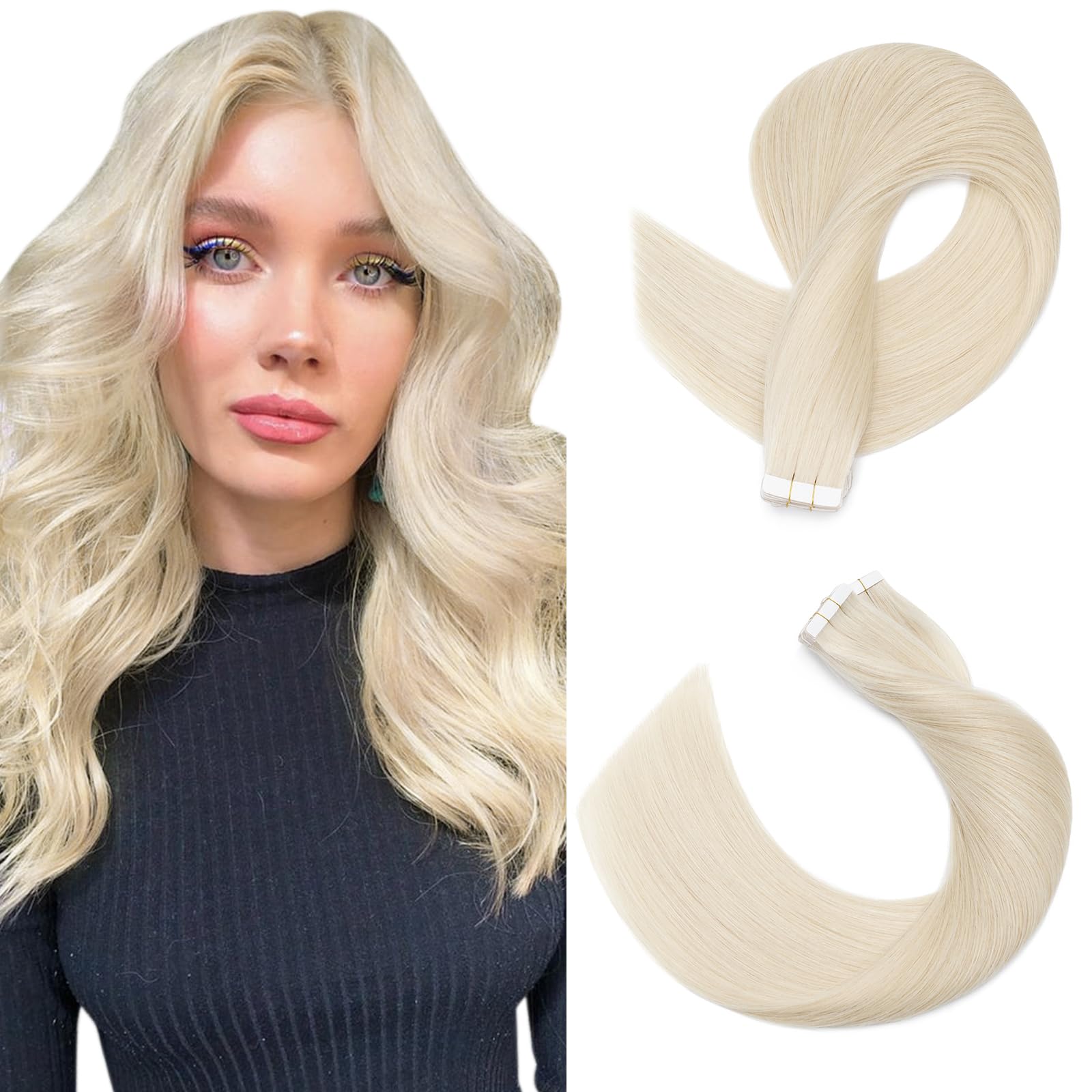 SEGOHAIR Tape in Hair Extensions Human Hair, 14" Invisible 10Pcs Real Hair Straight Natural Remy Tape Hair Extensions - Bleach White — image 1