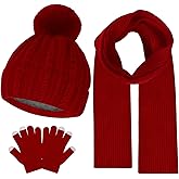 Kids Winter Hat Gloves Scarf Set Winter Knit Beanie Cap with Pompom Scarf Gloves Warm Set for Toddlers Boys Girls Ages 2-8
