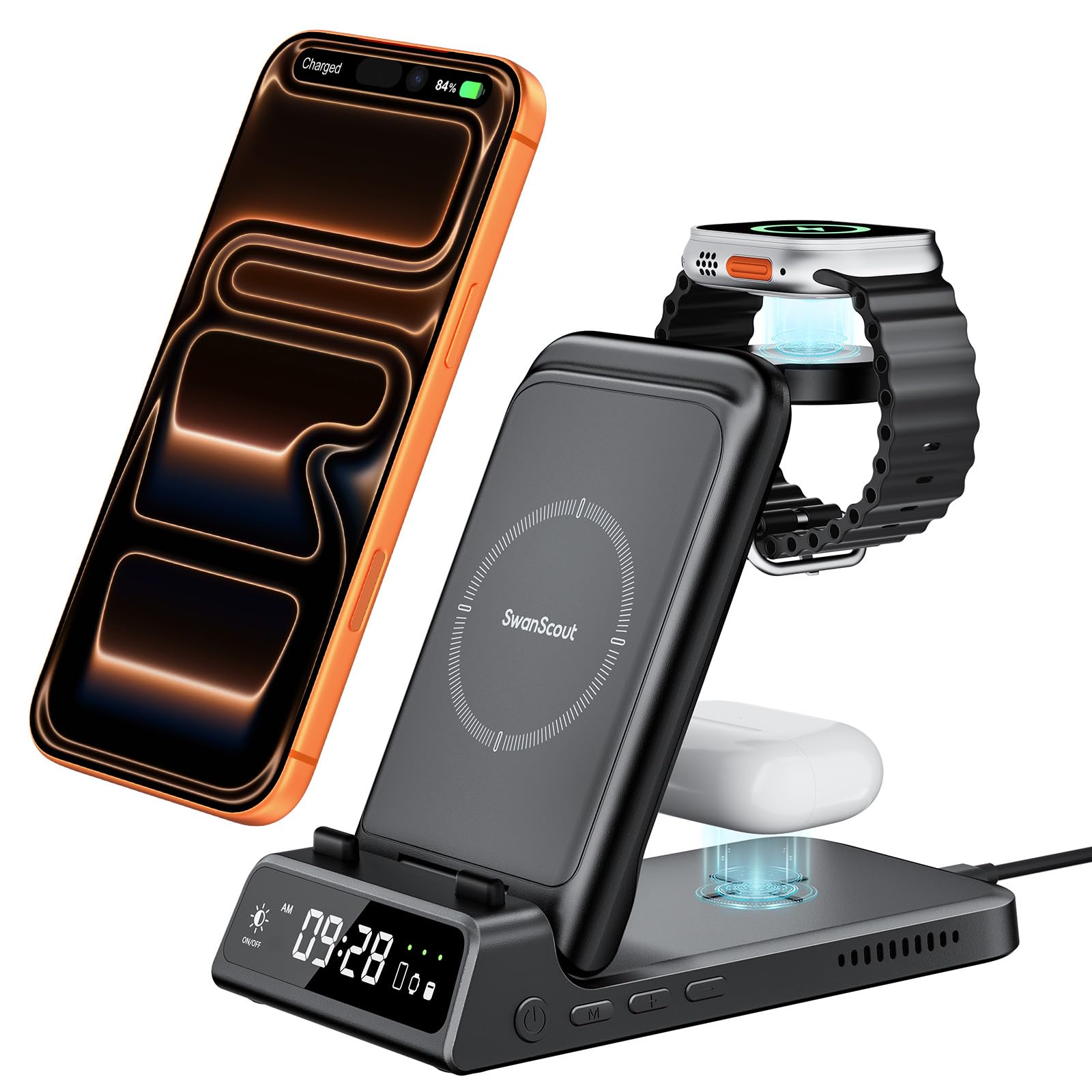 Wireless Charger for iPhone, 3-in-1 Charging Station for iPhone 17/Air/16/15/14/13/12 Series, Charger Stand for Apple Watch Ultra 3/11/10/9/8/7/6/5, SwanScout 703A, No Adapter (Black)