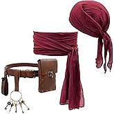 Laffoonparts Pirate Costume Accessory Set for Renaissance Faire - Head Scarf Bandana, Faux Leather Belt with Pouch, Coin Purse and Keyring for Medieval Cosplay