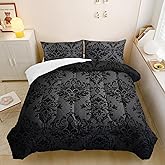 Nttopship Black Gothic Floral Print Comforter Set Queen Size,Vintage Damask Floral Bedding Set,Bohemian Exotic Printed Quilted Set for Teens Adult,with 1 Comforter and 2 Pillow Case