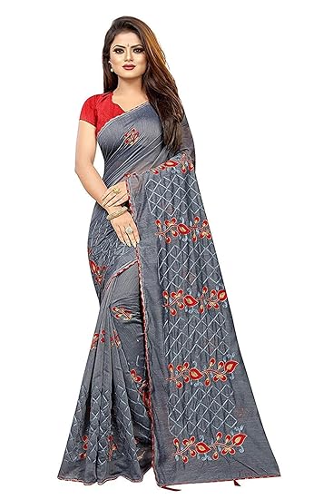 Women's Chanderi Cotton Blend Linen Embroided Style Saree with Blouse