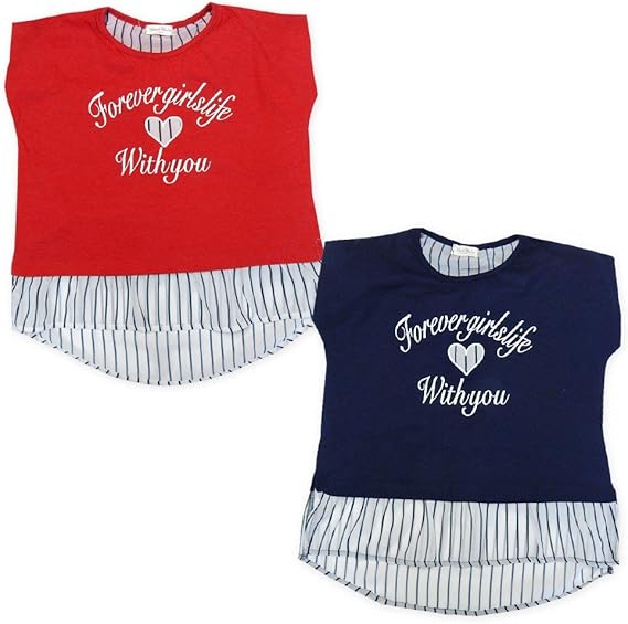 Amazon 子供服 女の子 Tシャツ 半袖 ストライプ柄シフォン ドルマンスリーブ ゆったり テールカット 刺繍 ロゴプリント 女児 ジュニア Tシャツ カットソー 通販