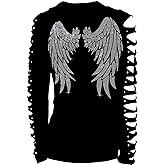 Fashion2ne1 Womens Wide Angel Wings Bling Rhinestones T-Shirt Top Ripped Cut Out, Cute Sexy Graphic Tops Long