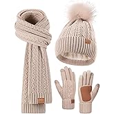 Winter Beanie Hat Scarf Gloves Set for Women, Pom Pom Beanie Fleece Lined Knit Neck Warmer Touchscreen Gloves 3 in 1 Gift Set