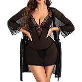 RSLOVE Women Sexy Lingerie Set - 3pc Lace Mesh Babydoll with 3/4 Sleeve Robe & Panty Adjustable Strap Nightgown Sleepwear