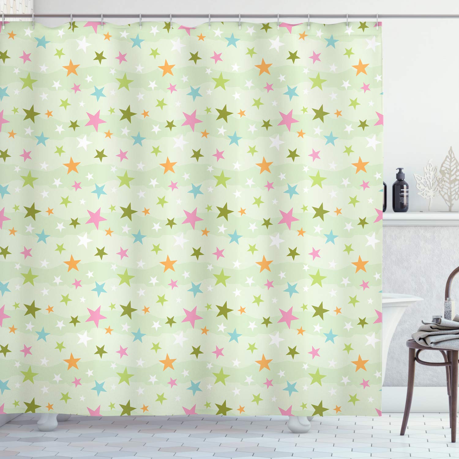 ABAKUHAUS Stars Shower Curtain, Colorful Stars on Pale Green Background with Abstract Waves Geometric Design, Cloth Fabric Bathroom Decor Set with Hooks, 86 Inches Extra Long, Multicolor