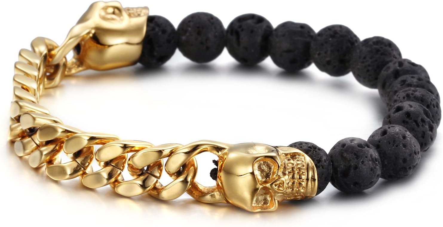 HanTian Essential Oil Bracelets Mens Bracelet Diffuser Bracelet Lava Beads Skull Bracelet(Golden)