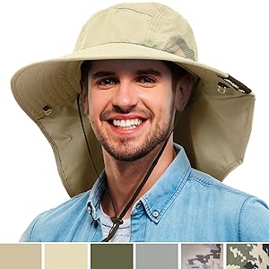 Tirrinia Mens Wide Brim Sun Hat with Neck Flap Fishing Safari Cap for Outdoor Hiking Camping Gardening Lawn Field Work