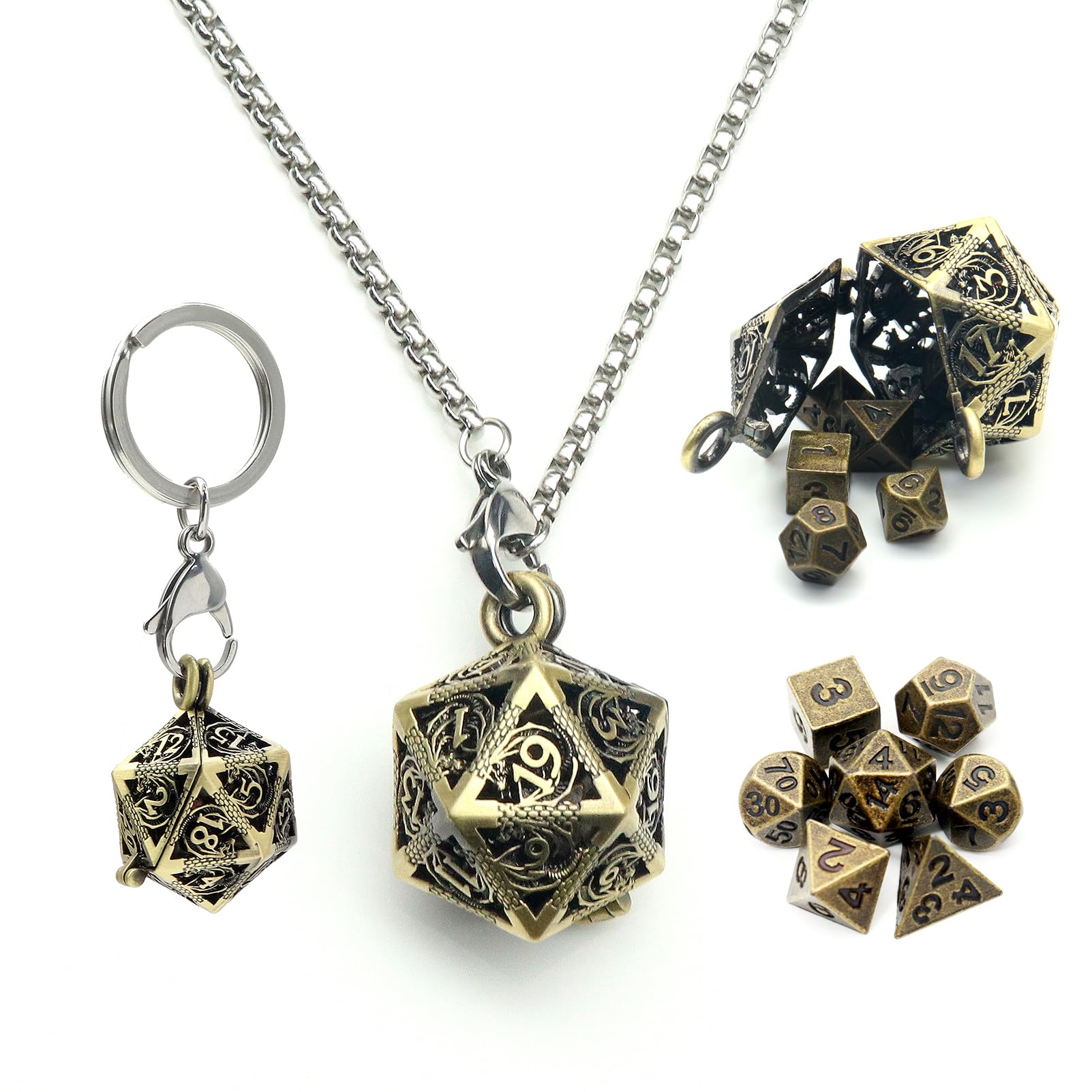 Haxtec Mini Metal DND Dice Set With Bronze Hollow D20 Necklace Dice Case Antique Tiny Bronze Metal Dice Set D&D Keychain Portable — image 1