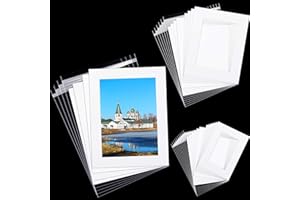 12 Sets White Picture Mat Set, 5" x 7", 8" x 10", 11" x 14" Photo Frame Mattes with White Core Bevel Cutting Mat Board and 20
