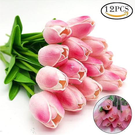 Amazon 12本 造花 インテリア造花 花束 チューリップ 造花チューリップ ピンク 造花 オンライン通販