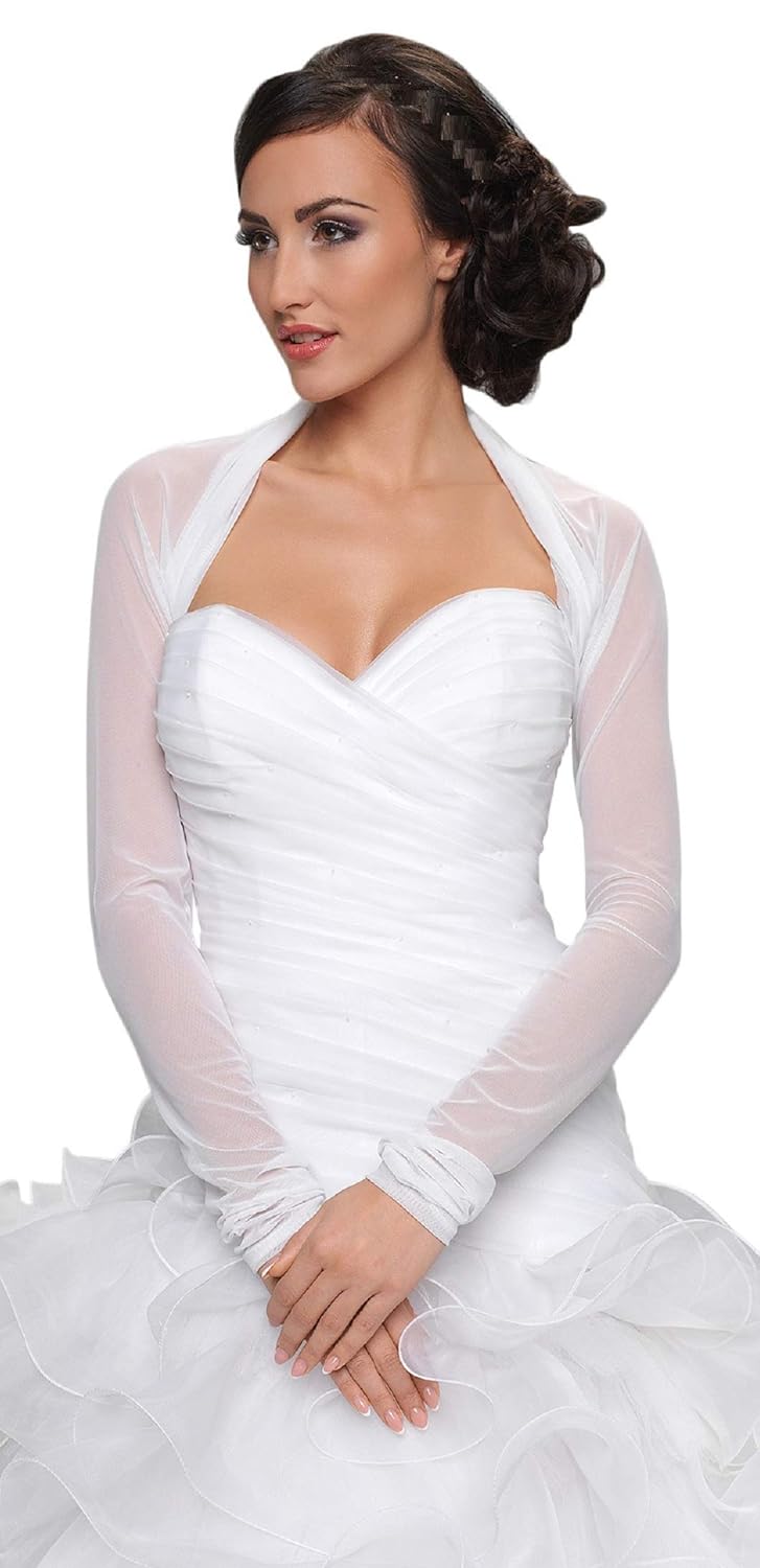 Bridal Ivory White Tulle Bolero Shrug Wedding Jacket Shawl Long Sleeves