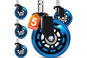 FreekyFit Office Chair Wheels for Casters Replacement - 3" Rubber Wheels for Computer Gaming Desk Caster Smooth & Safe Rolling for All Floors Including Hardwood and Carpet - Set of 5 - Blue