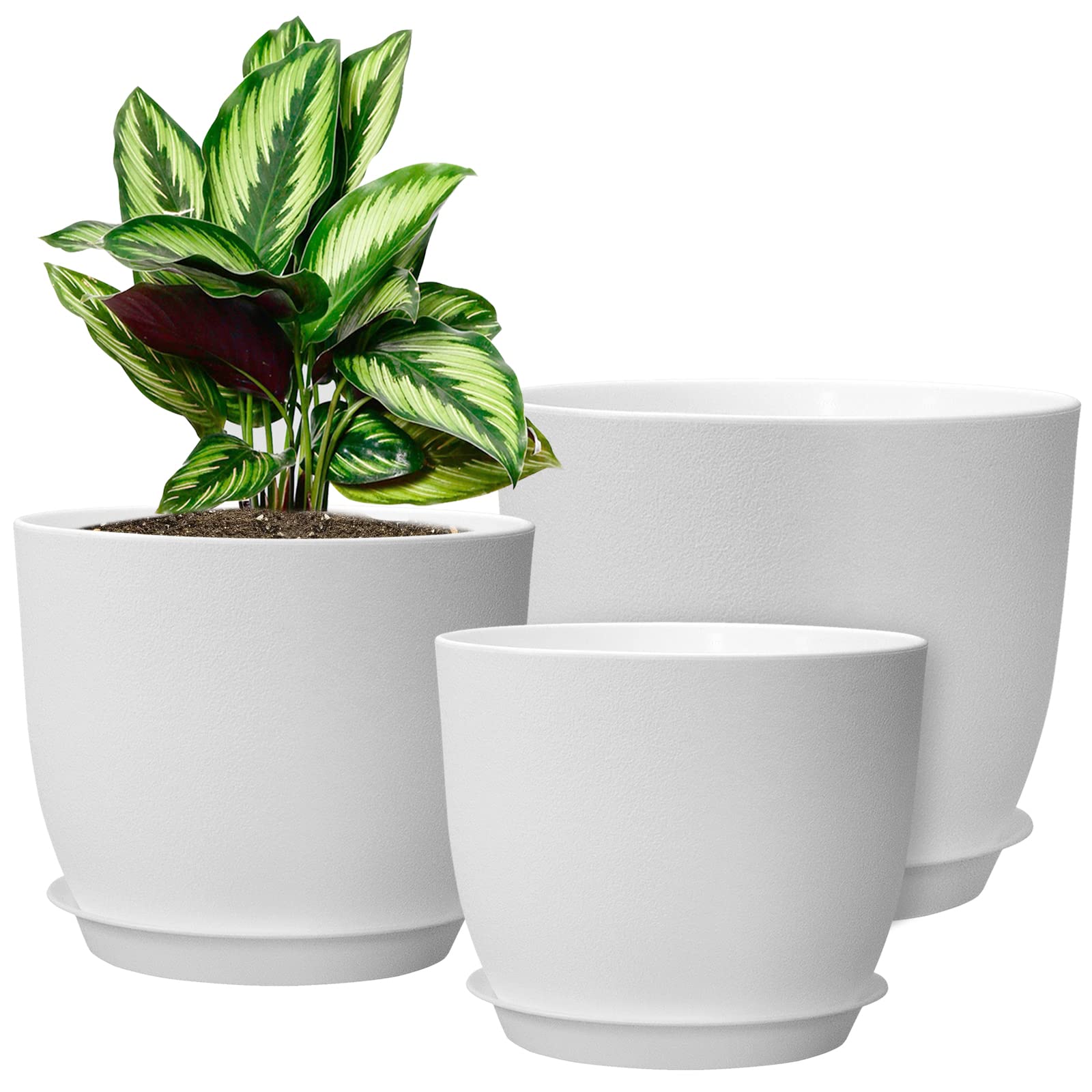 Photo 1 of WOUSIWER Plant Pots 10/9/8 inch, Set of 3 Modern Decorative Plastic Planters with Drainage Holes and Saucers for House Plants Indoor Flowers Plants, White