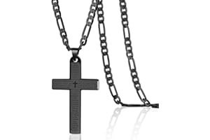 Cross Necklace for Mens - 5MM Figaro Stainless Steel Link Chain, Christian Prayer Crucifix Pendant, 24Inches Necklaces Jewelr