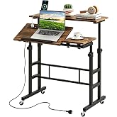 Tangkula Height Adjustable Mobile Standing Desk with Built-in Power Outlets | Laptop Cart Sit Stand Desk with Tilting Tabletop, Standing &amp; Seating 2 Modes, 2 Lockable Wheels, Ideal for Home Office