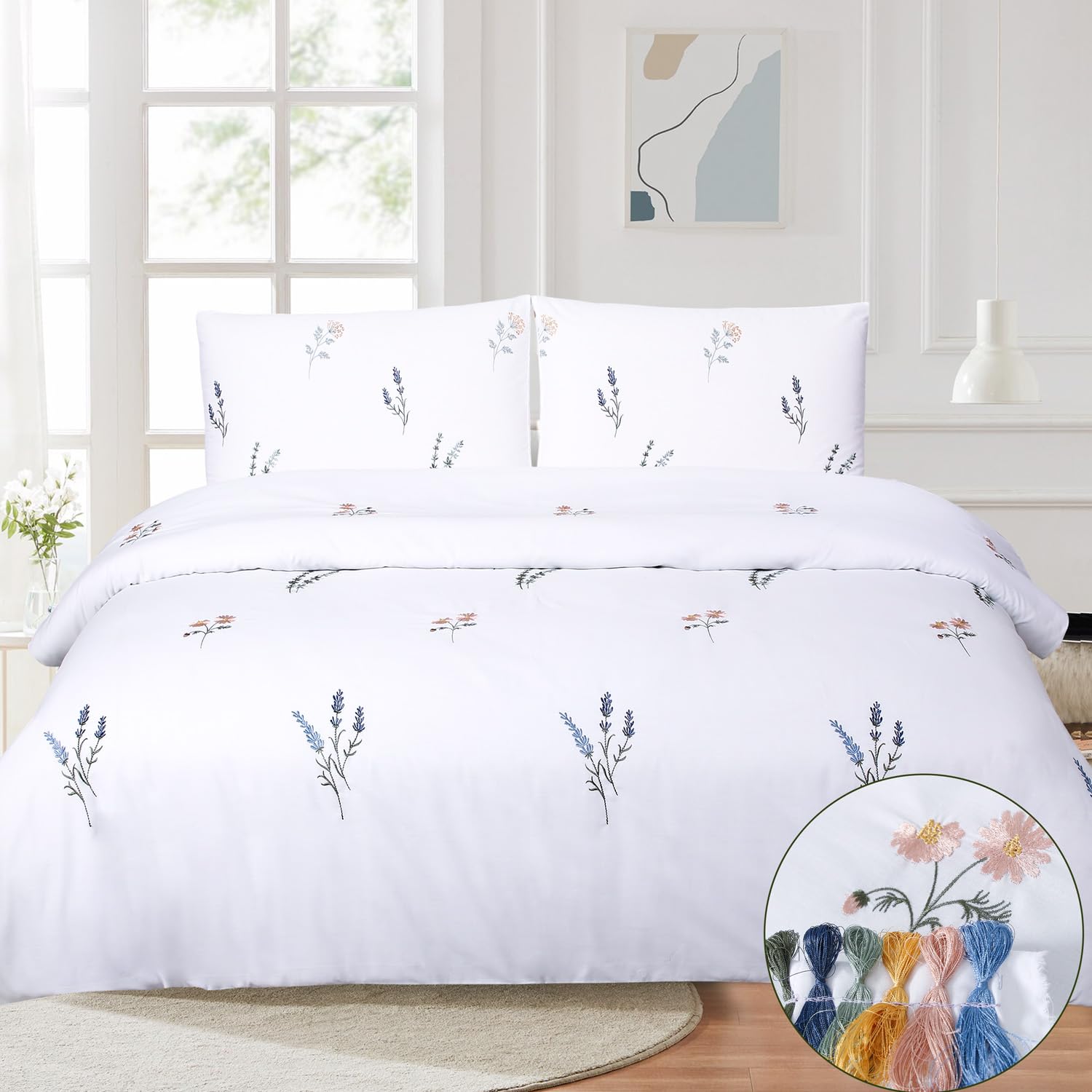 Chlophy Floral Duvet Cover Set Double White Embroidered Pink Flower Girls Mustard Yellow Blue Green Botanical Wildflower Fresh Spring Summer French Country