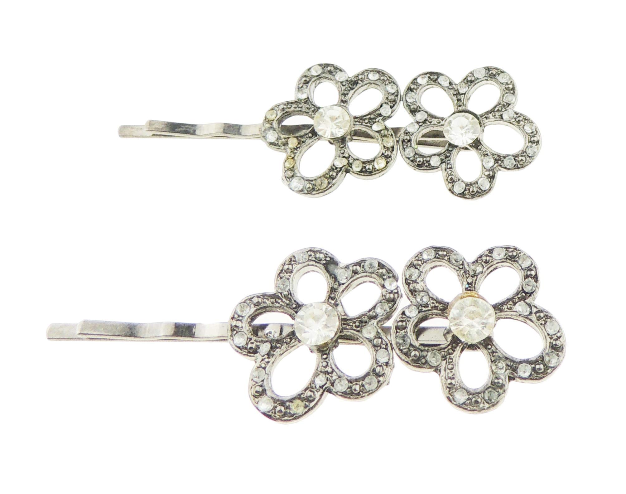 Womens Girls Bow Rhinestone Jeweled Crystal Diamante Party Birthday Christmas Bridal Wedding Accessories Slides Hairpin Hair Clips Grips Bobby Pins Set of 2 Daisy Flower (Grey)