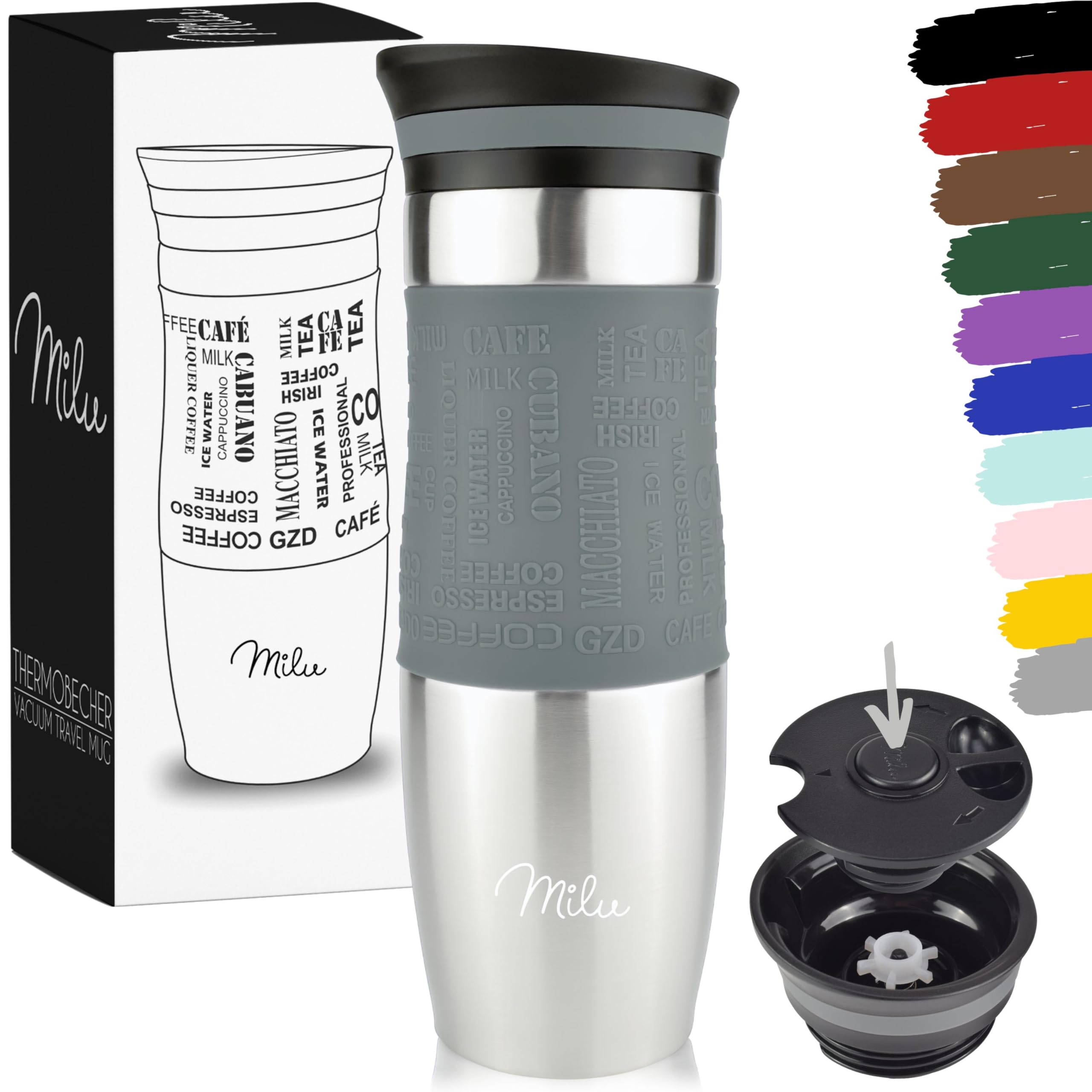 Milu Travel Mug 370ml 450ml - Insulated Coffee Cup to go - 100% Leak Proof - Stainless Steel Drinking Mug - Car Mug Double Wall Insulation Thermo Coffee Flask (Grey, 450ml)