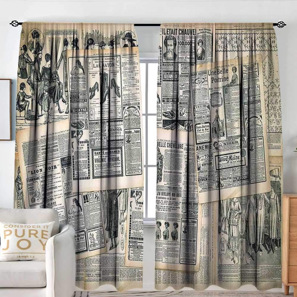 NUOMANAN Waterproof Window Curtain Antique,Vintage Style Sepia Toned Newspaper Print with Old Fashioned Illustrations,Dark Green Beige,Blackout Draperies for Bedroom 100"x96"