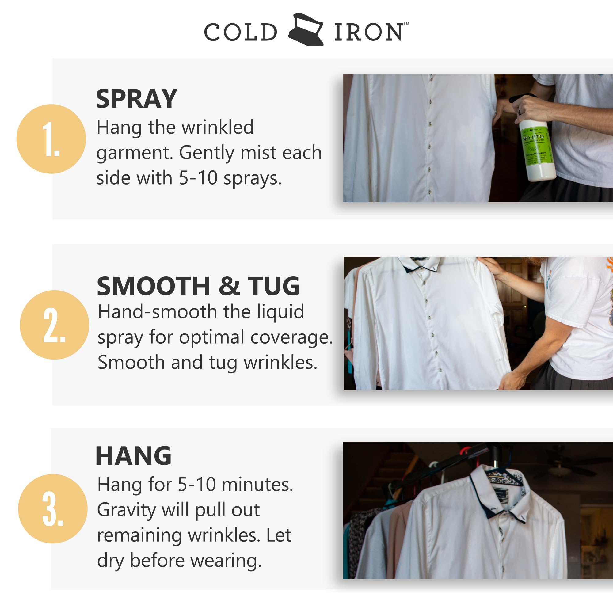 Cold Iron Wrinkle Release Spray for Clothes. 32 fl oz. Unscented/Fragrance Free. Plant Based Ironing Alternative. Fast, Easy to Use. Spray, Smooth, Hang. Award Winning Formula to Save You Time