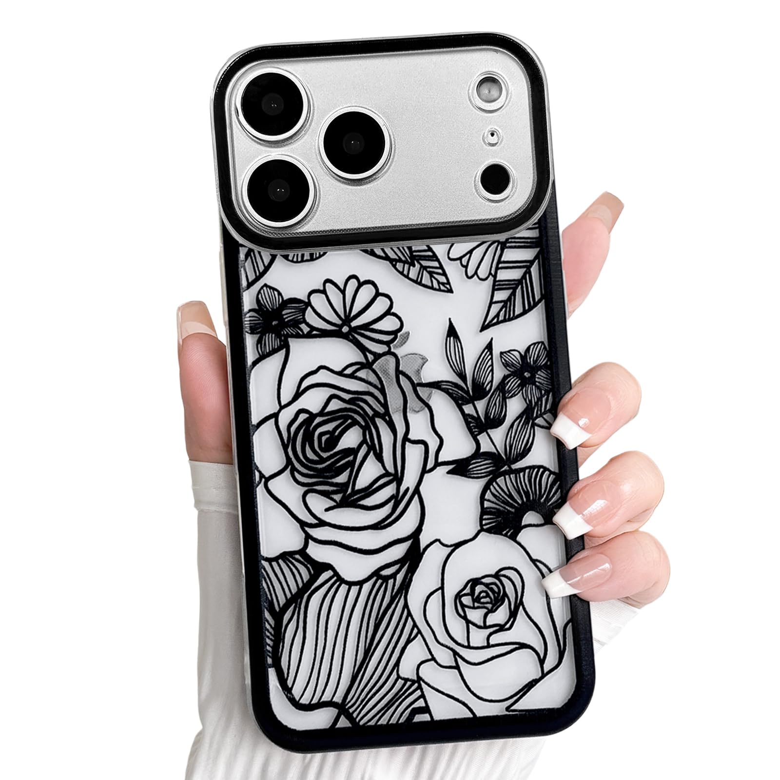 NITITOP Compatible for iPhone 17 Pro Case Clear Cute Rose Flower Floral Leaves Pattern for Women Girls Color Frame Slim Durable Shockproof Protective Phone Cover - Black
