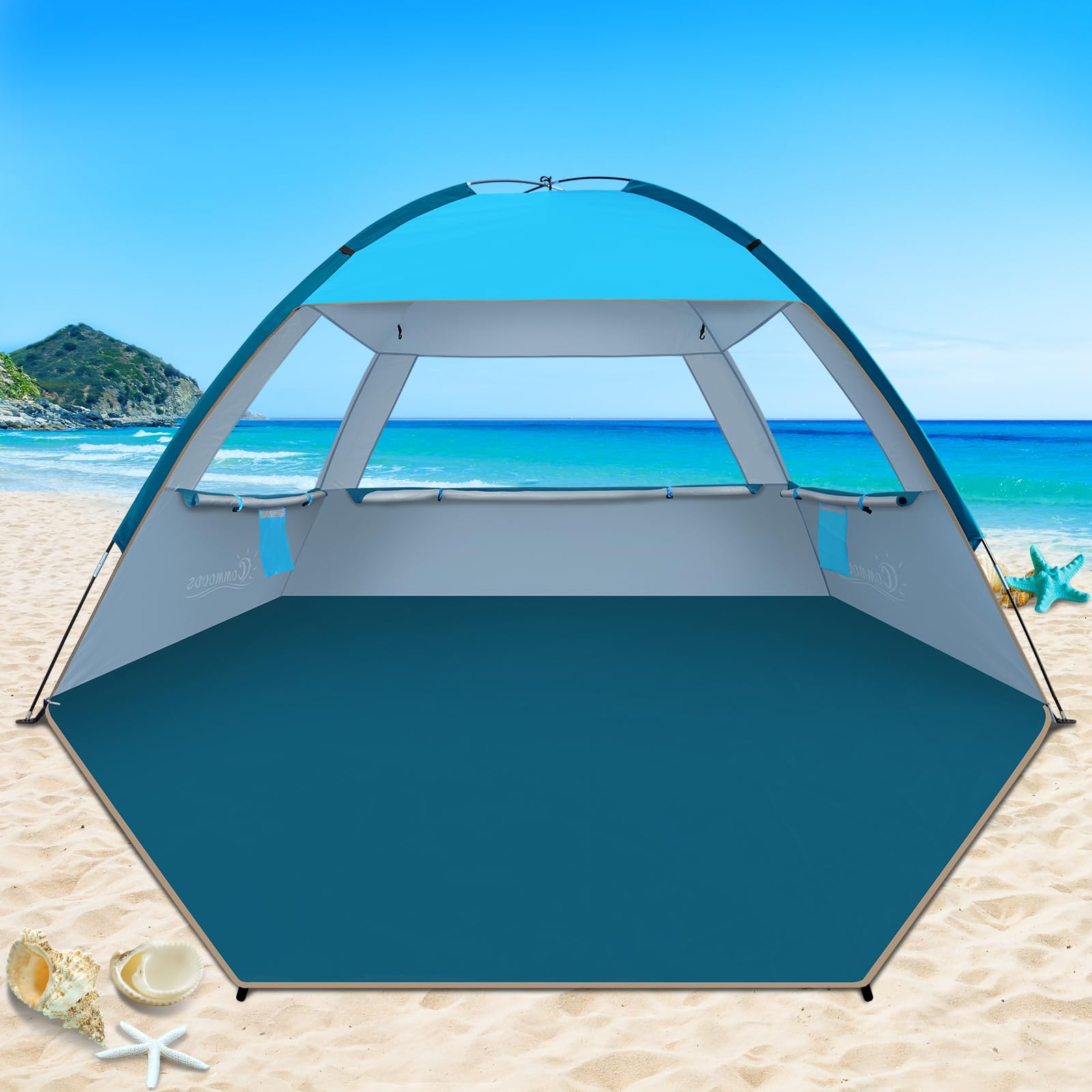 COMMOUDS Beach Tent for 4-5 Person, UPF 50+ Beach Shelter, Lightweight & Easy Set Up and Carry Family Sun Shade Tent Event Shelter for Camping, Fishing, Picnic, Outdoor