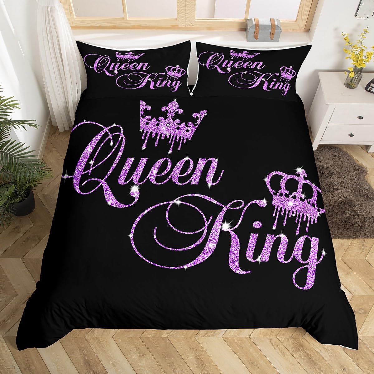 Homemissing Crown Queen and King Couple Duvet Cover Set His and Hers Bedding Set for Teens Women Men Black Purple Double Size,Lover Romantic Valentine'S Day Decorations Bedspread Cover (No Glitter)