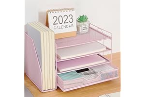 OPNICE Desk Organizers and Accessories, 4-Tier Desk Paper Letter Tray Organizer with Removable File Holder + Drawer, Office Desktop Workspace File Organizer for Office Supplies Desk Accessories, Pink