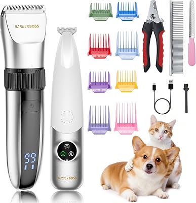 Cortapelos inalámbrico para perros, impermeable, cuchillas de cerámica, pantalla LED, carga rápida, cortadora eléctrica para mascotas (Plata Y Blanco)