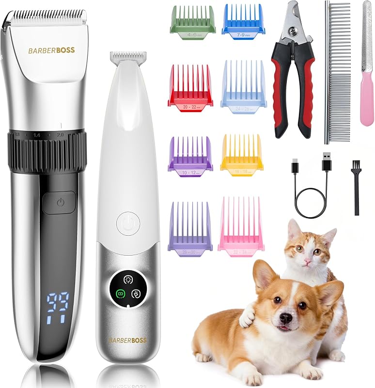 Máquina de cortar cabelo sem fios para cães, impermeável, lâminas cerâmicas, ecrã LED, carregamento rápido, máquina elétrica para animais (prateada e branca)