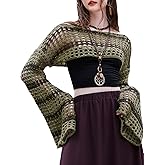 WDIRARA Women's Crochet Crop Tops Shrugs Y2k Hollow Out Sweater Knit Crochet Long Sleeve Crop Tops