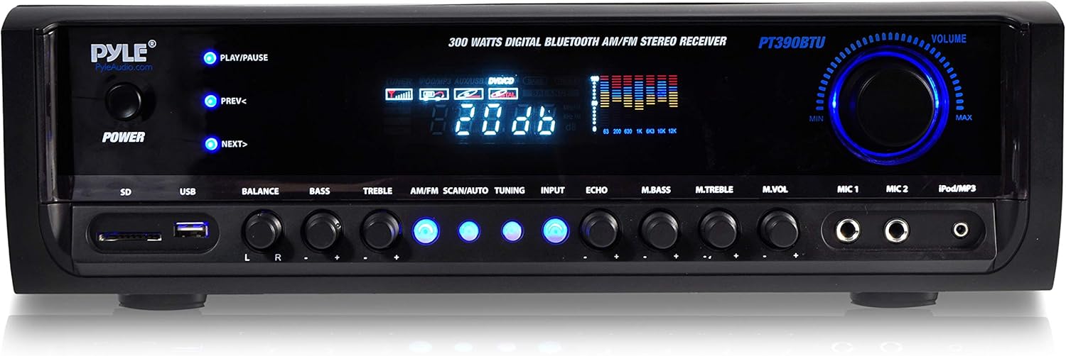 Wireless Bluetooth Power Amplifier System 300W 4 Channel Home Theater Audio Stereo Sound Receiver Box Entertainment w/ USB, RCA, 3.5mm AUX, LED, Remote for Speaker, PA, Studio-Pyle PT390BTU,BLACK: Home Audio & Theater