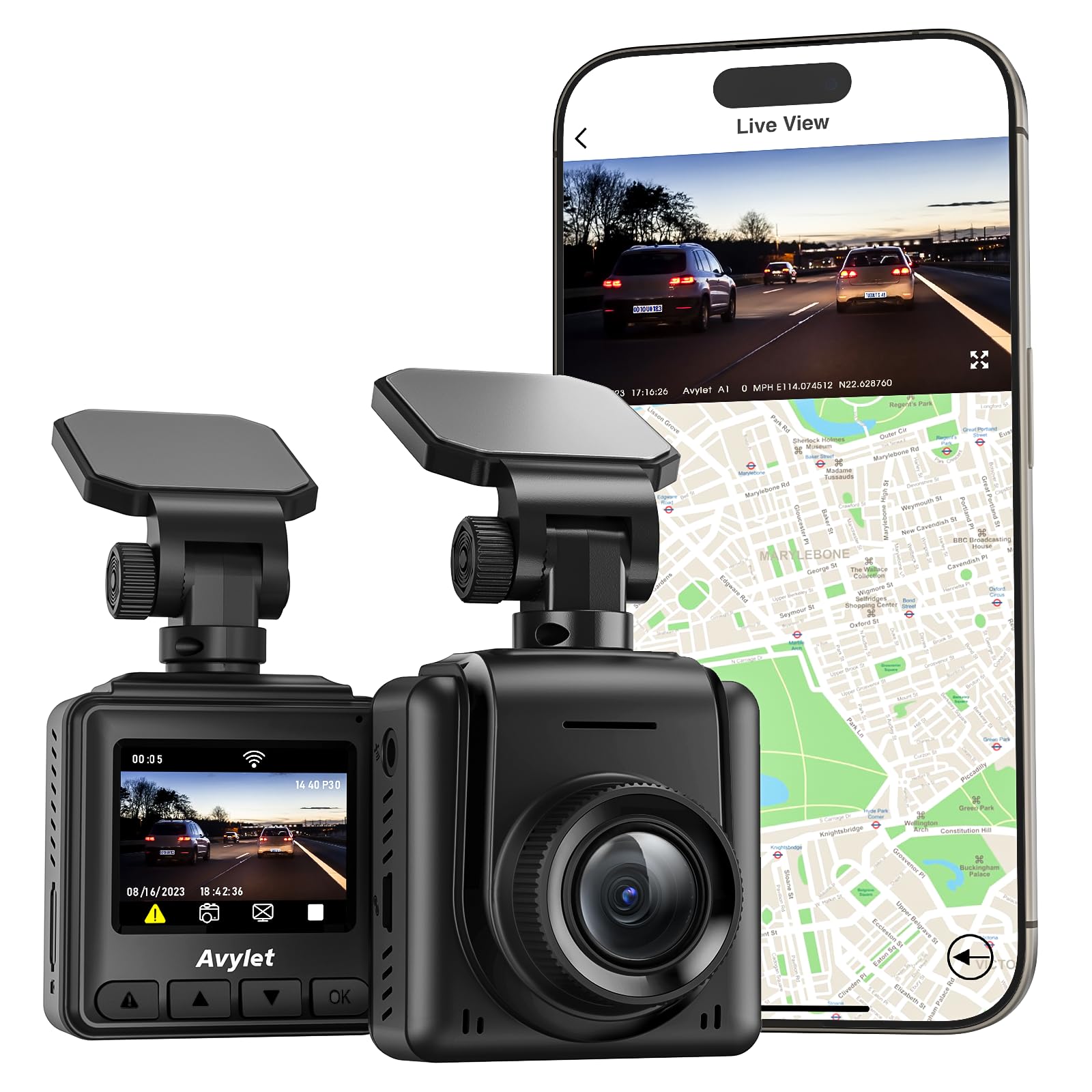Avylet Dashcam Auto 2K, 1440P WiFi Dash Cam, Mini Vorne Autokamera Unterstützt externes GPS, 1.5" IPS-Bildschirm, APP, Super Nachtsicht, WDR, 24/7 Parküberwachung, Loop-Aufnahme, G-Sensor