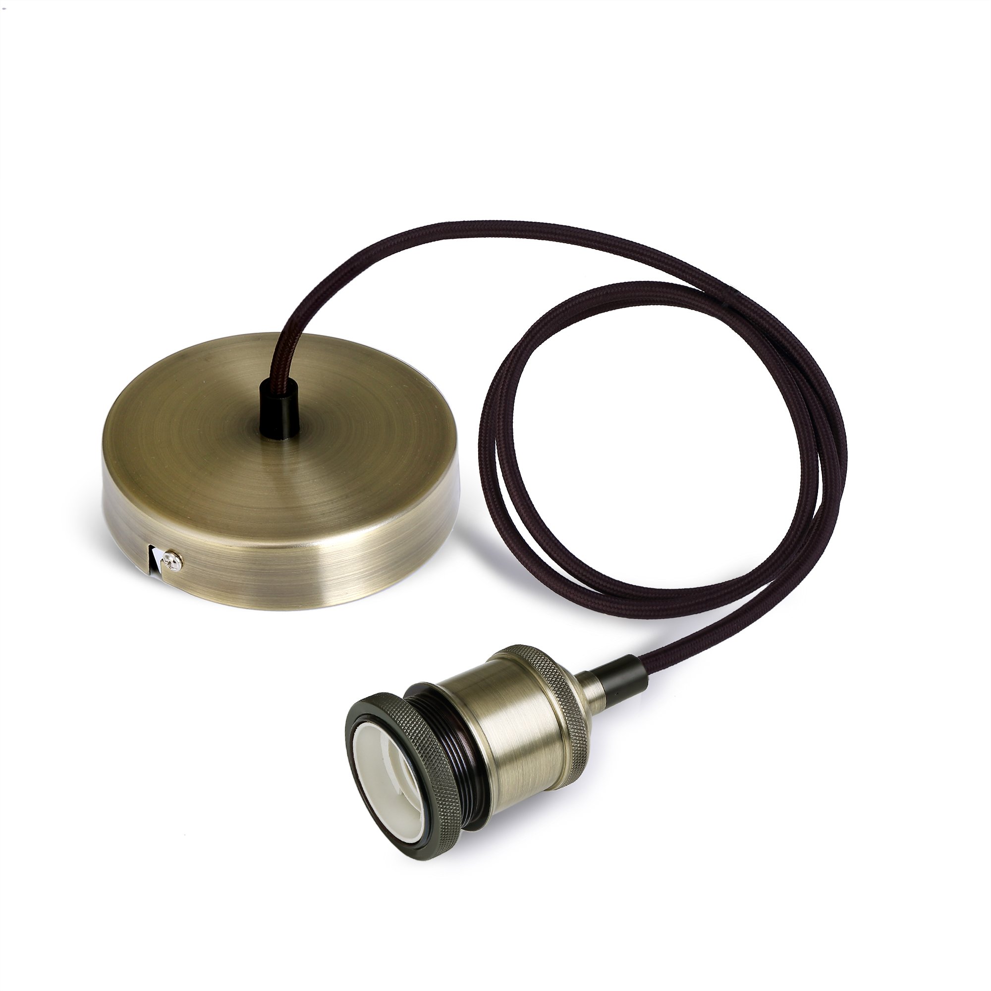 SHINY STAR Vintage Pendant Light Fitting, Modern Retro Industrial Style Antique Brass E27 Lamp Holder and Ceiling Rose with Brown Braided Flex Cable-KIT02AB