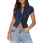 Pungdra Women's Button Down Shirt Cap Sleeve Tops for Women Button Up Ribbed Knit Slim Fit Casual Y2K Crop Going Out Top