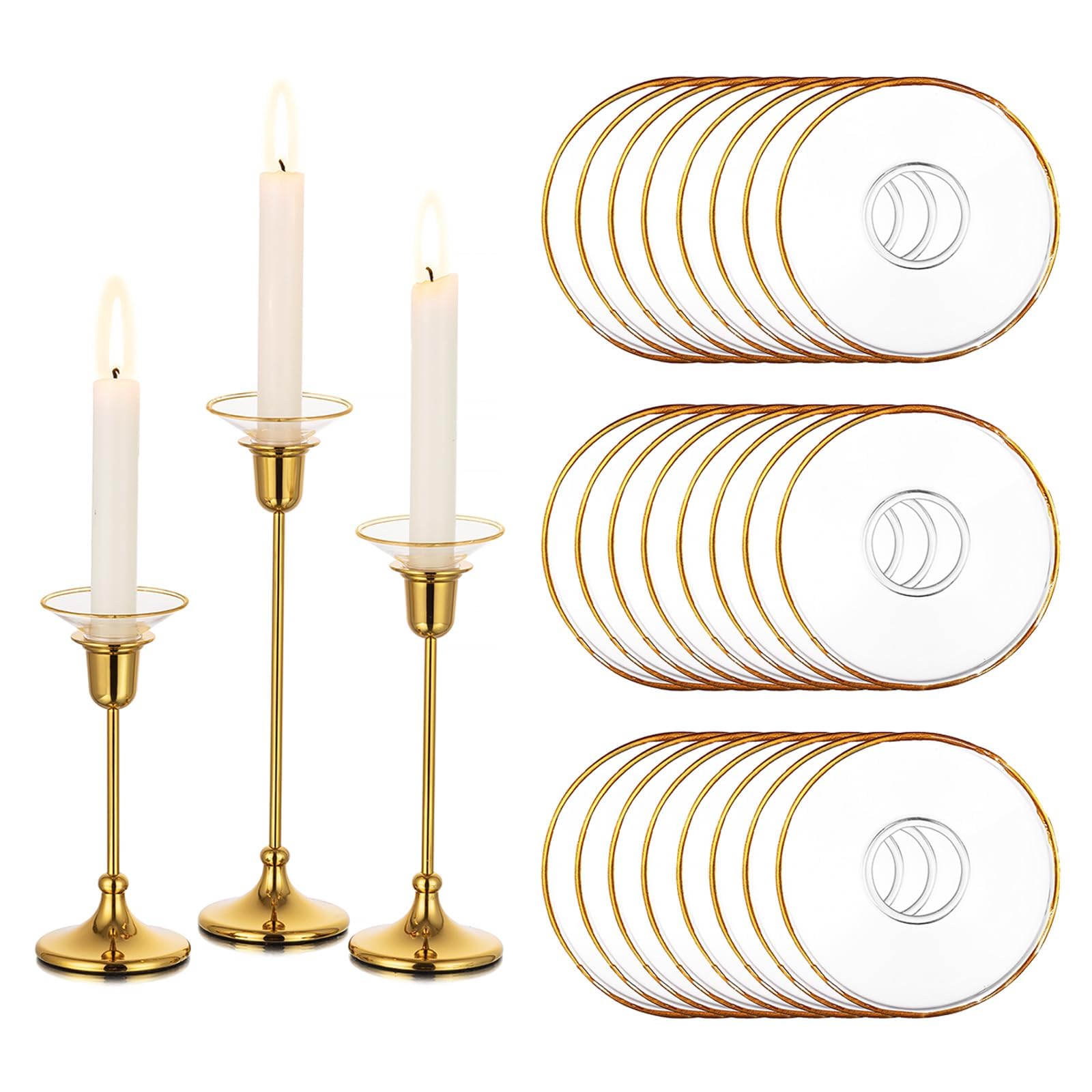 Glasseam Candlestick Holders Glass Candle Drip Protectors, Gold Rim Bobeche Candle Holders for Candlestick Candles, 24pcs Round Candle Rings for Candle Holder Chandelier, Bobeches for Candleholders