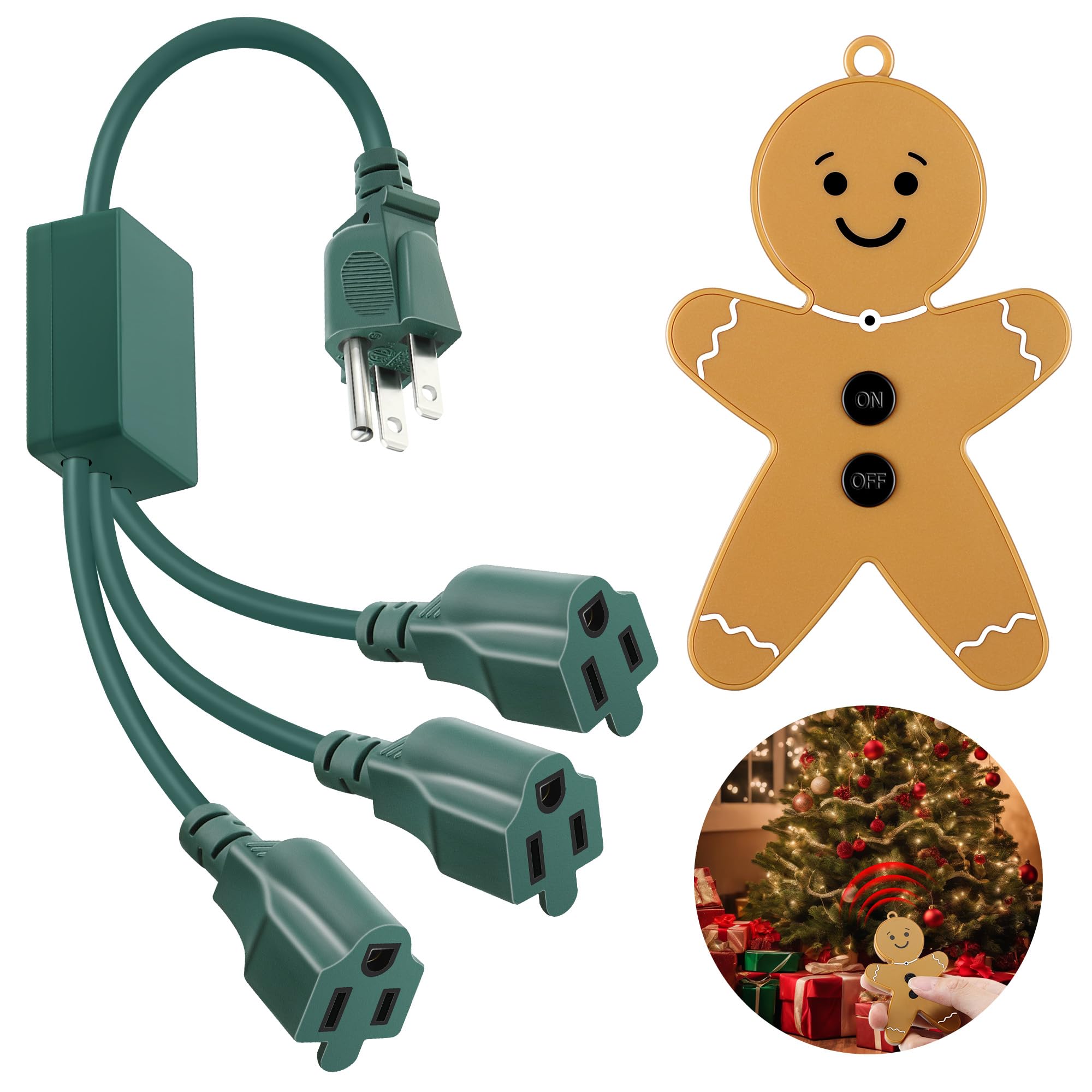 Photo 1 of ***MISSING REMOTE*** Enhon Christmas Tree Lights Controlled Outlet, Plug in Control Outlet Extension Cord with 3 Sockets and Gingerbread Man Remote Switch for Christmas Tree and Long Range Lighting Control, Green (1 Pack)